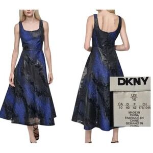 DKNY Blue Black Metallic Jacquard Scoop-Neck Midi Dress Size 10